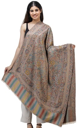 Warm-Taupe Jamawar Shawl with Woven Flowers in Multicolored Thread