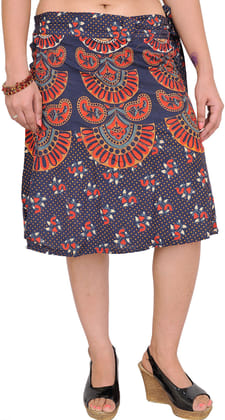 True-Navy Wrap-Around Long Skirt with Block-Print in Pastel Colors