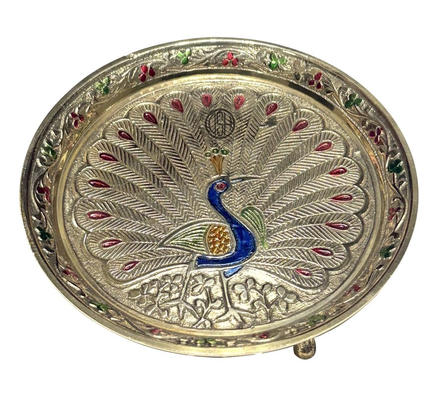 Pure Brass Puja thali Plate with Peacock Embossed Design Best for Home Office Pooja Purpose Handicraft (20 cm)