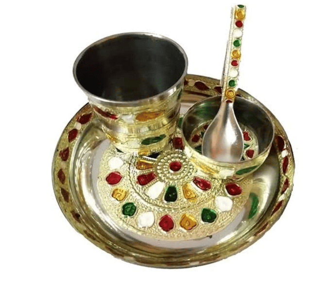 at Presents Laddu Gopal ji/Kanha Ji ke Bartan/Pooja thali Small- 4 pcs Set - Multicolor Minna Bhog Thali with Glass, Bowl and Spoon