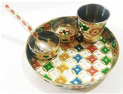 Ayushmann Presents Laddu Gopal ji ke Bartan/Pooja thali Small- 5 pcs Set - Multicolor Minna Bhog Thali with Glass, Bowl and Spoon