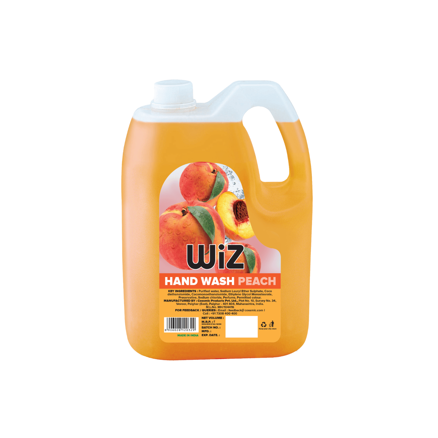 Wiz Peach Handwash Liquid Soap Refill Can - 5L | Germ Protection | Hand Wash with Added pH-Balanced & Moisturizers for Soft & Gentle Hands | Suitable for all Skin Types
