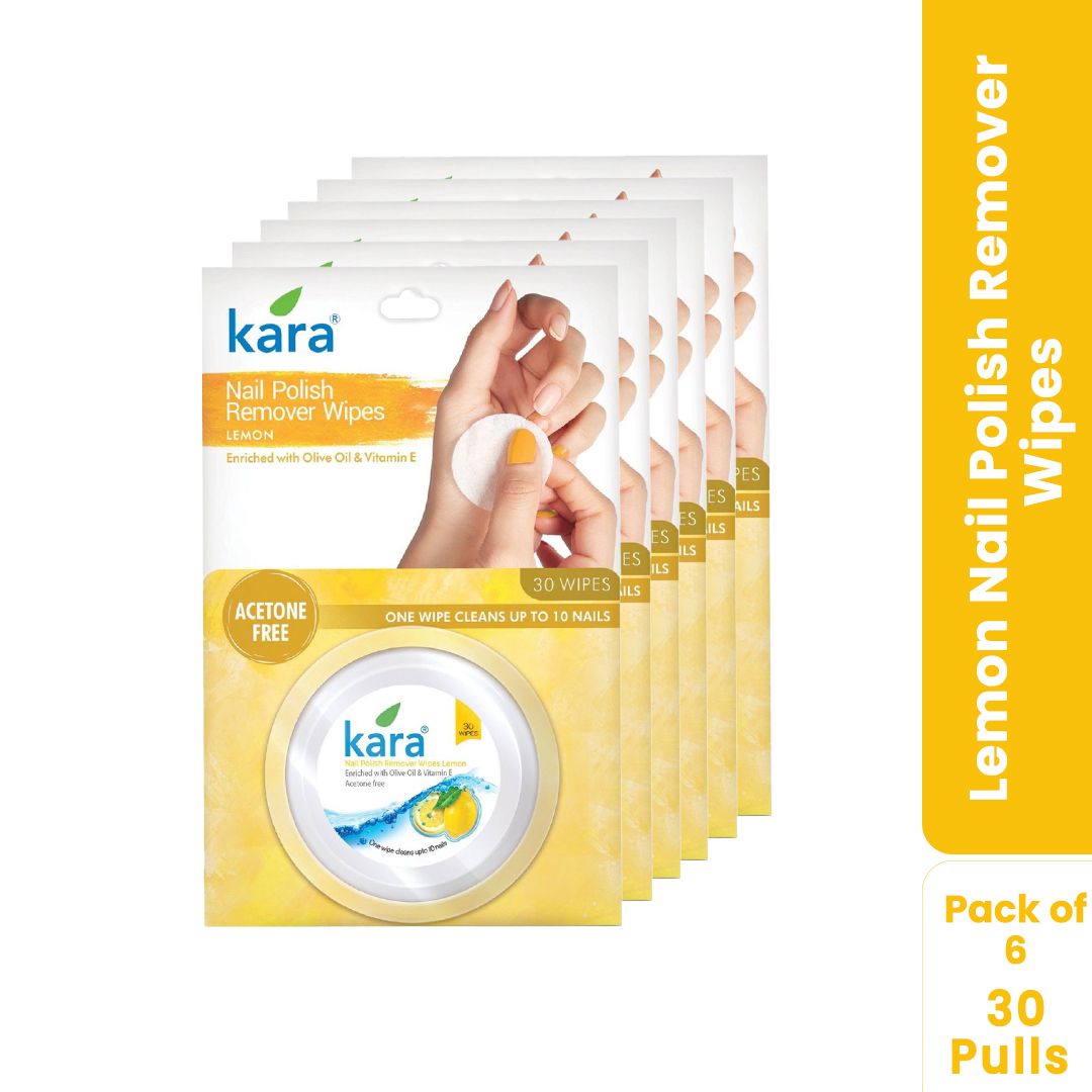 Kara Nail Polish Remover Wipes Lemon - 30 Pulls (Pack of 6)| Travel-Friendly | Enriched with Olive Oil & Vitamin E | Acetone Free | One Wipe Cleans 10 Nails