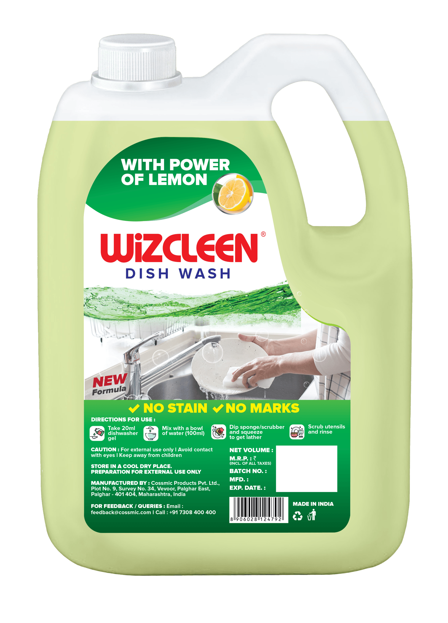 Wiz Cleen Dishwash Liquid Gel, With Lemon Fragrance, Leaves No Residue, Grease Cleaner For All Utensils, 5l Refill Can