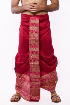 Oblik's Maroon 03 Hand Block Print Dupion Silk Dhoti For Men