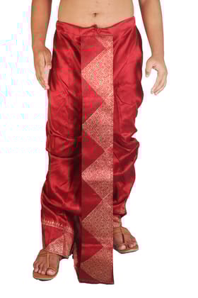 Oblik's Maroon 014 Hand Block Print Dupion Silk Dhoti For Men