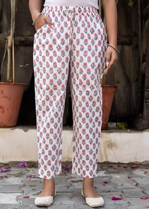White Pink Block Printed Organic Cotton Narrow Pants