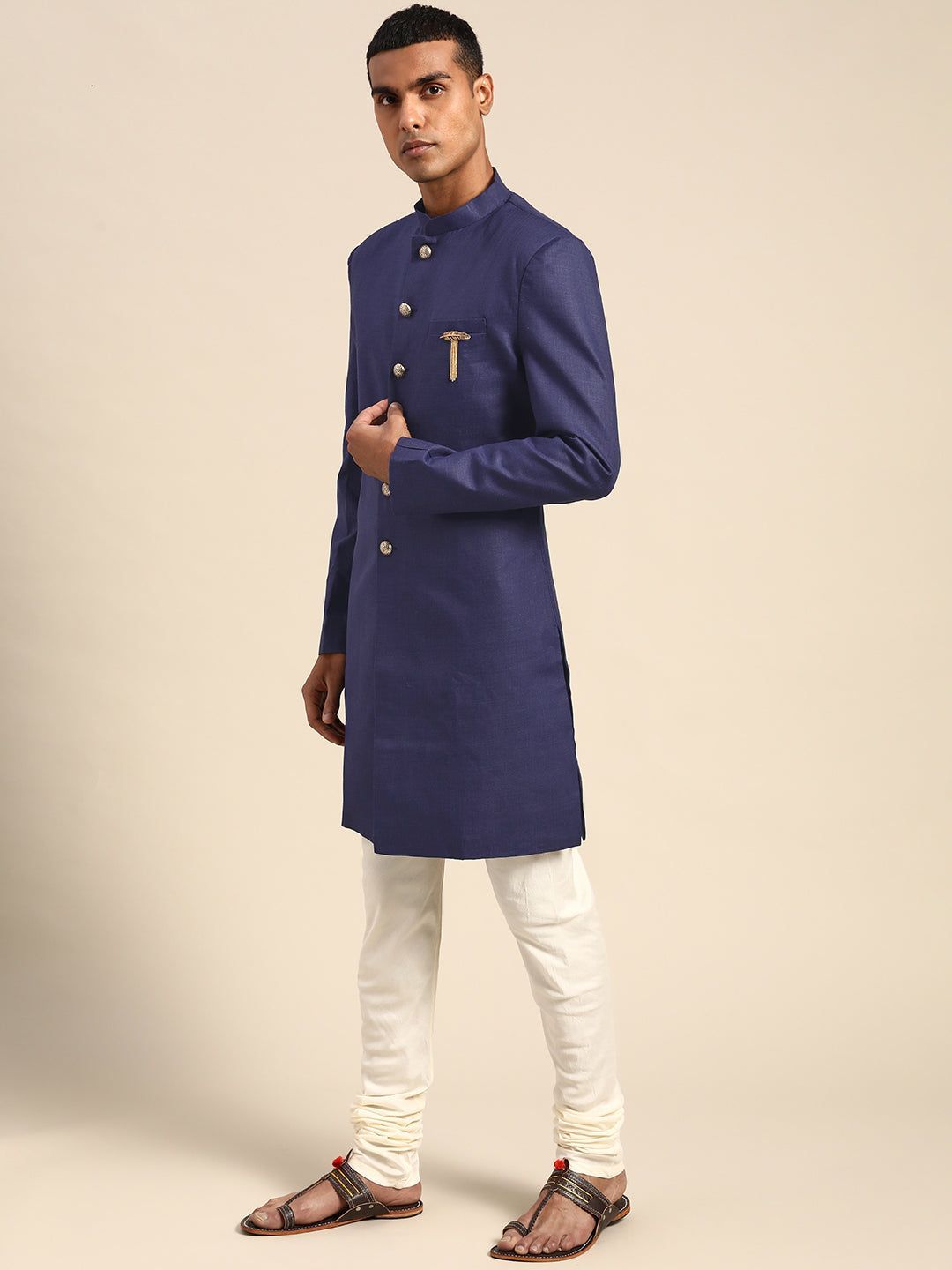 Kisah Men's Navy Blue Indowestern Set With Churidar and Dupatta