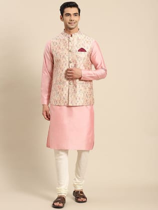 Men Light Pink Kurta Jacket Churidar Set