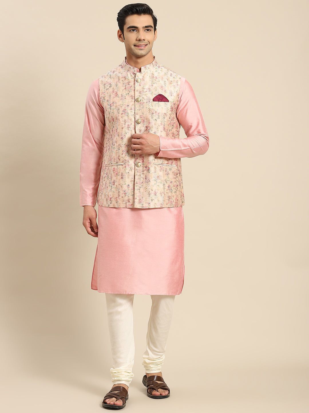 Men Light Pink Kurta Jacket Churidar Set