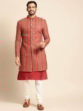 Kisah Men's Red Indowestern Set With Kurta and Churidar