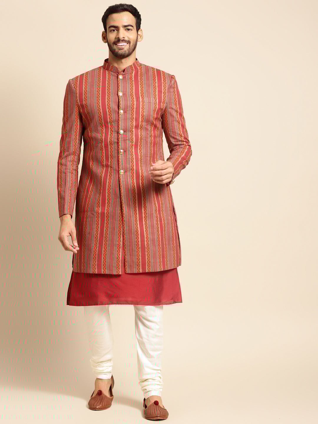 Kisah Men's Red Indowestern Set With Kurta and Churidar