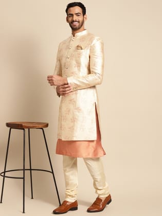 Men's Cream Indowestern Set With Kurta and Churidar