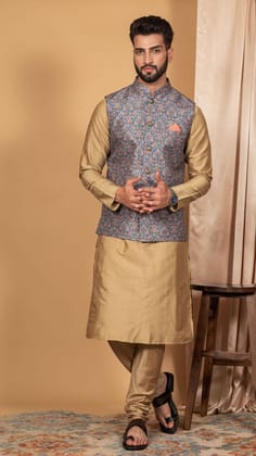 Men Blue Kurta Jacket Set