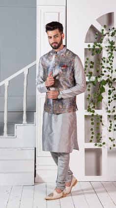 Kisah Men Grey Kurta Jacket Set