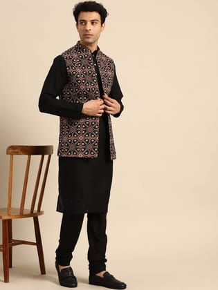 Men Black Color Kurta Jacket Set