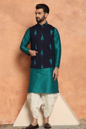 Men Navy Blue Kurta Jacket Set
