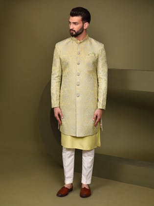 Kisah Men's Lime Indowestern Set With Kurta and Trouser