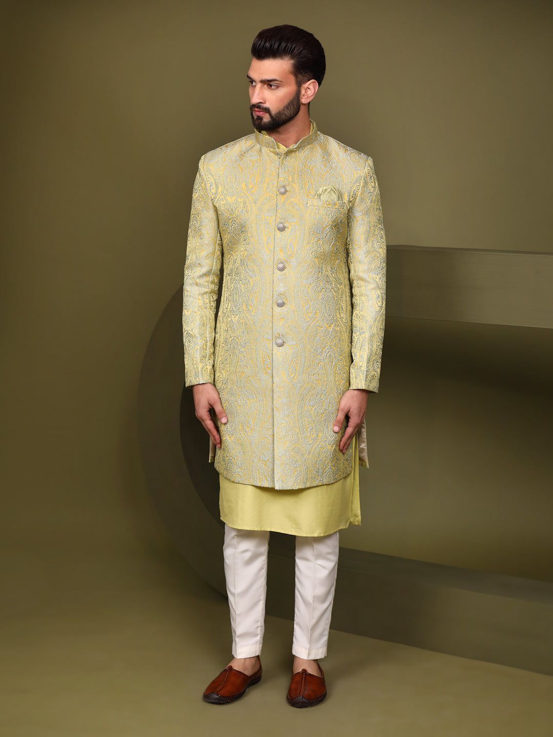 Kisah Men's Lime Indowestern Set With Kurta and Trouser