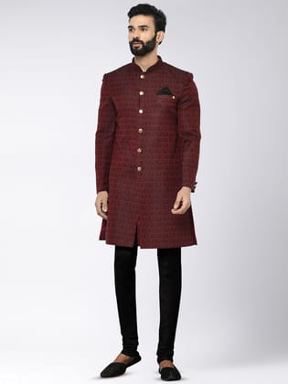 Men Maroon Textured Indowestern Churidar Set