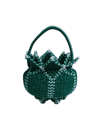 Green and White Handwoven Lotus Flower Basket with Handle
