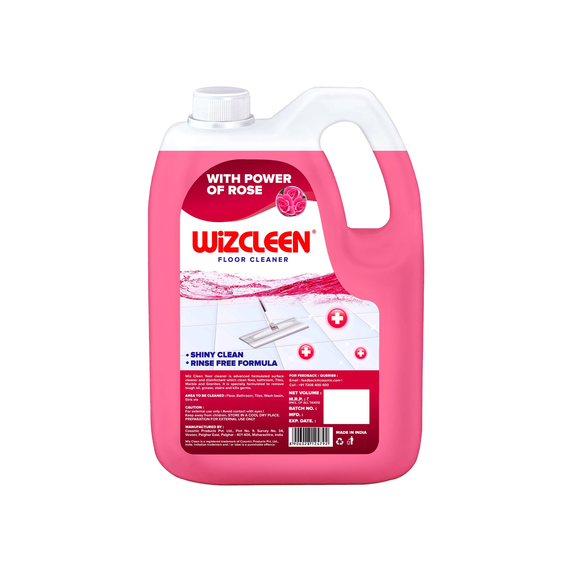 Wiz Cleen Disinfectant Floor Cleaner - 5L Refill Can | Rose Fragrance | Germ Protection with Deep Cleaning | Shiny Clean | Rinse Free Formula