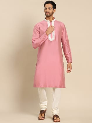 Kisah Men Pink Silk Blend Embellished Thread Work Kurta (KA-0591)