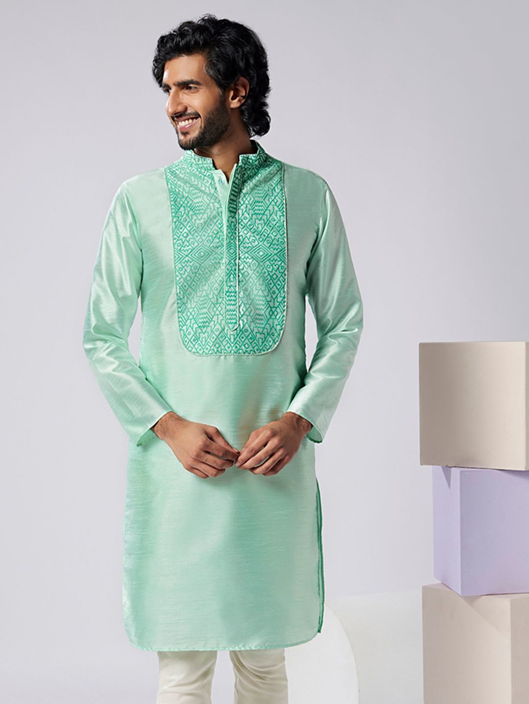 Kisah Men Green Silk Blend Embroidered Kurta (KA-0722)