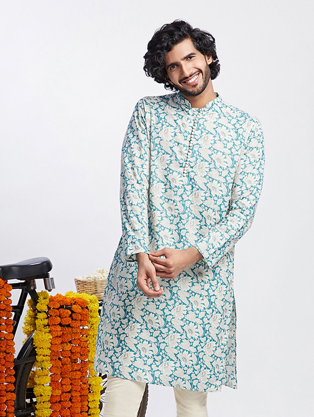 Kisah Men Blue Cotton Blend Printed Kurta (KA-0857)